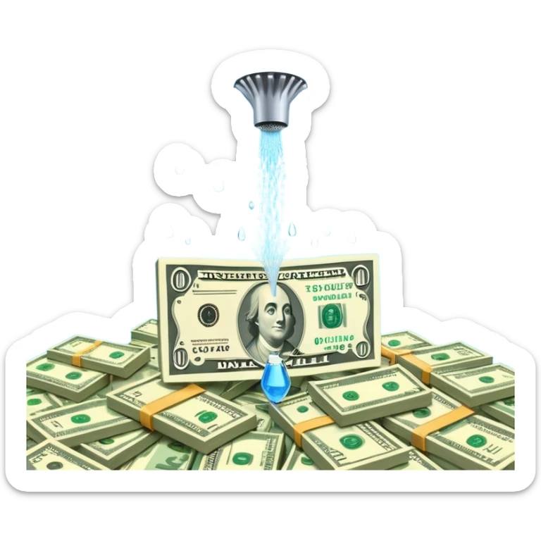 Sprinkler system shooting out streams of dollar bills, instead of water, clearly showing financial benefit sticker