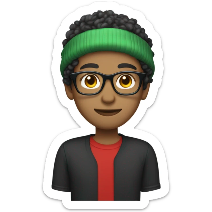 Unisex person ’light skin’ ’short curly dark green hair’ in a ’red Santa hat’ and black tshirt and round glasses  sticker