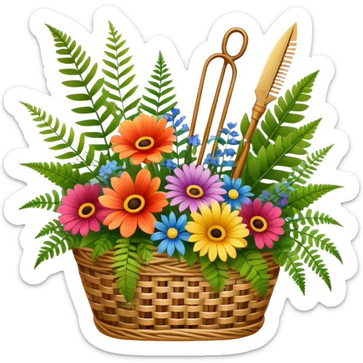 Icon for Floristry: a bouquet of flowers in a woven basket, with reeds, ferns and floral arranging tools like scissors and a flower stem. The icon should represent creativity in flower design and arranging. Transparent background. sticker