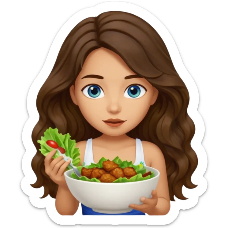 Girl with olive skin, blue eyes, brown dark insanely wavy long hair, white camisole. Eating a bowl of lettuce and chicken sticker