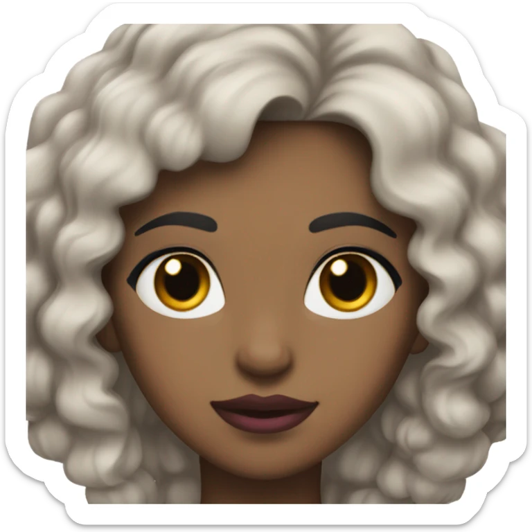 Woman with white skin, wavy black hair, brown eyes, black eyebrows, thick pink lips, sticker