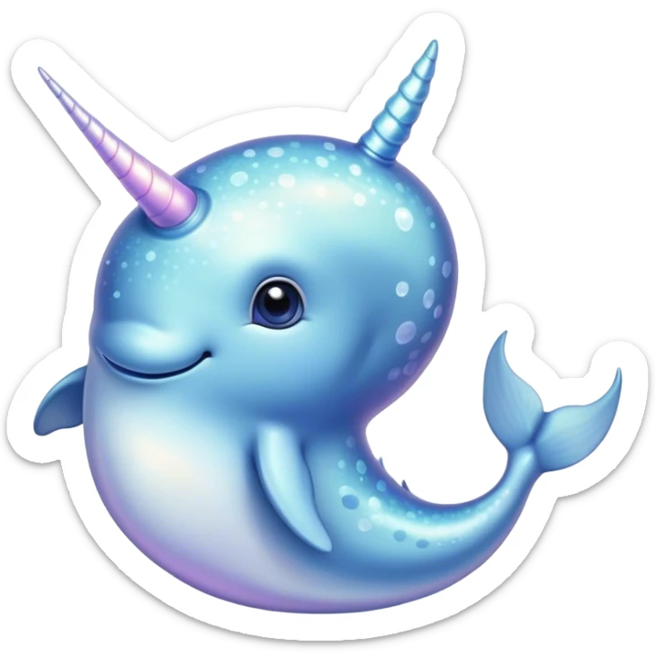 Cinematic Cute Cute Narwhal Portrait Emoji, Head tilted playfully and inquisitively, featuring a charming, sleek body with softly iridescent skin, a prominently spiraled tusk and large, twinkling eyes full of gentle wonder, Simplified yet irresistibly adorable features, highly detailed, glowing with a warm, inviting ocean glow, high shine, affectionate and lively, stylized with a touch of magical sea whimsy, soft glowing outline, capturing the essence of a mischievous yet endearing cute narwhal that seems as if it could frolic out of the screen into your heart! sticker