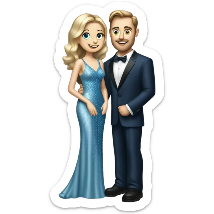 caucasian woman, in long slim pastel blue formal party satin dress with gradient shiny sparkling navy blue diamonds embroidered, full body full figure , and caucasian man in black dres on his knees asks her to marry her sticker