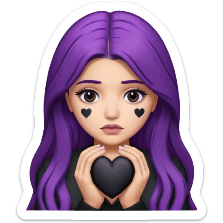 A Kylie Jenner with long purple hair is sad and holds a black heart in her hands sticker