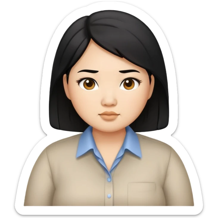 chubby asian waman with round eyebrow, shoulder length black hair, business casualshirt,  sticker