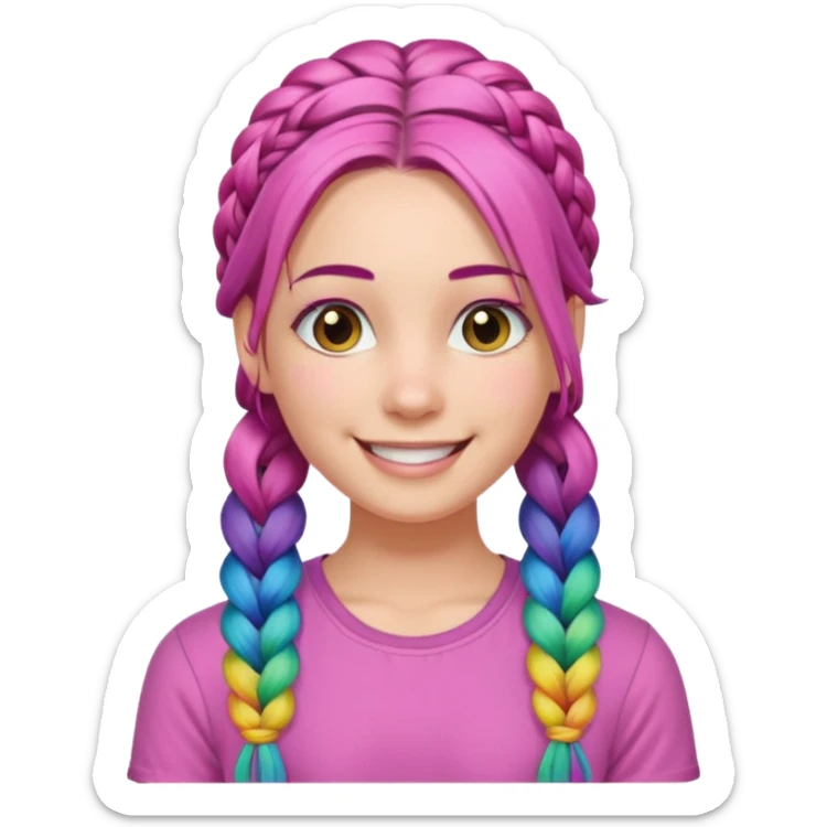 Woman with braided rainbow hair, happy — long braids, pink shirt sticker