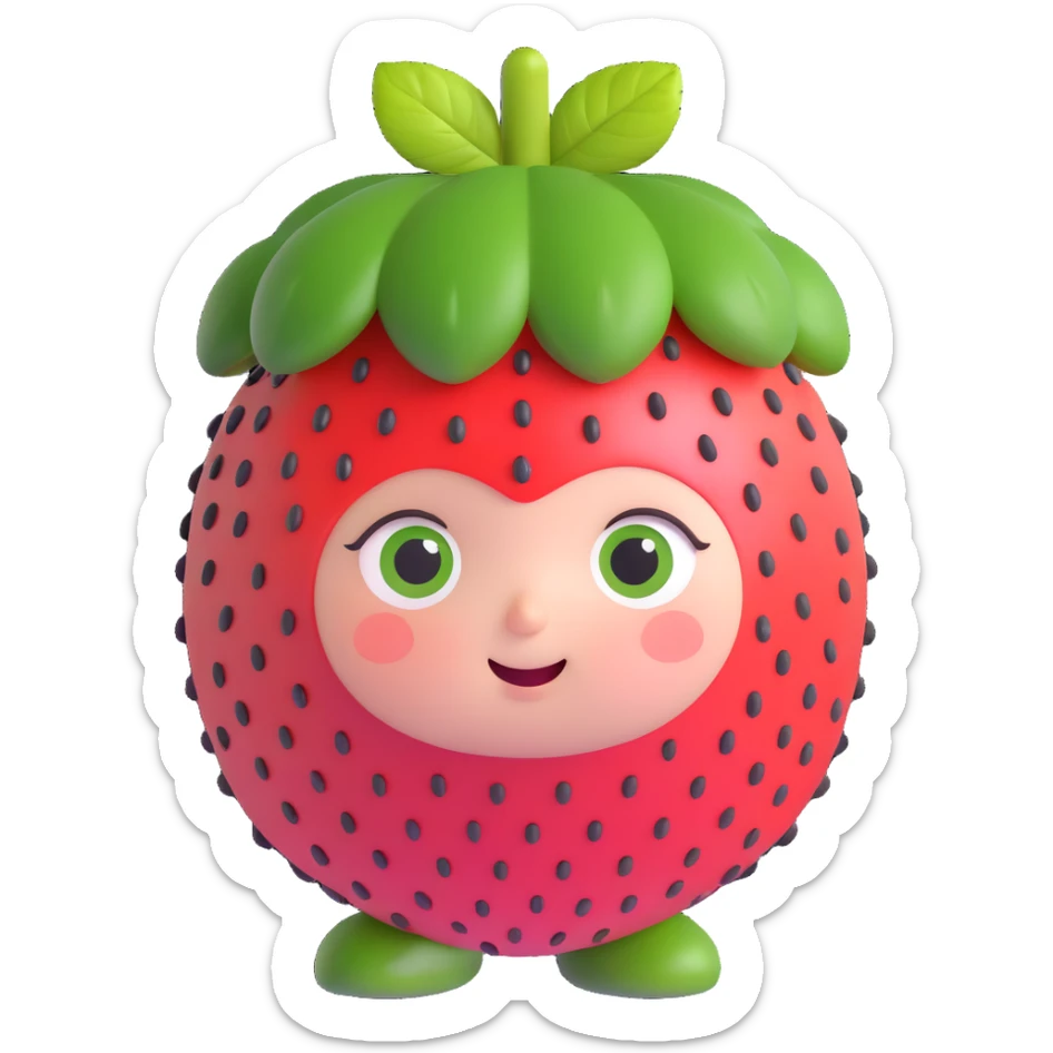 3D super cute strawberry person, chubby round strawberry head, green leaves on top, big shiny eyes, soft pastel colors, tiny seeds on face, only facial expressions sticker