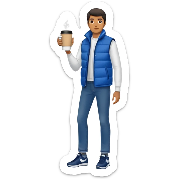 full body man with long sleeve white shirt with blue puffer winter vest with no pockets wearing straight long levi blue jeans with no cuffs and black tennis shoes holding a coffee mug in one hand in front of him and nothing in the other hand and one leg slightly bent sticker