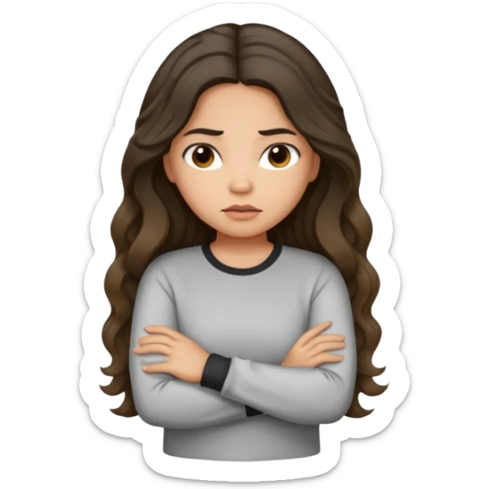 Hispanic light tan girl with long dark wavy hair pouting and arms folded. Wearing a long sleeve. Hair with middle part. sticker