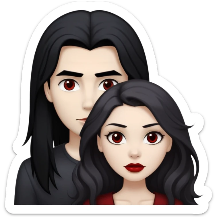 beautiful white girl with black hair and slightly dark red at the end with brown eyes and red lips, with a strong cheekbones and strong face features standing with white slightly dark guy with brown long fluffy hair and grey eyes with also strong skull and cheekbones sticker