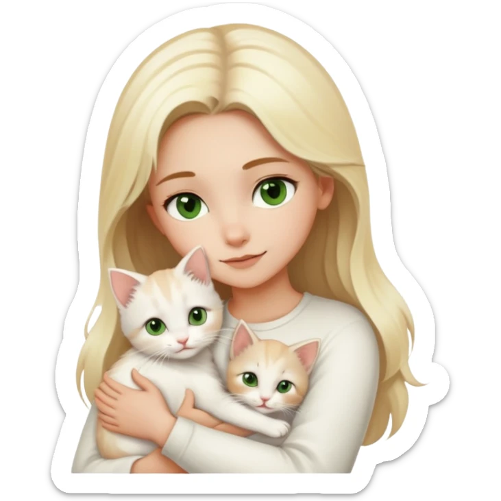 A girl with blonde hair and brown eyes hugs a white kitten with green-brown eyes sticker