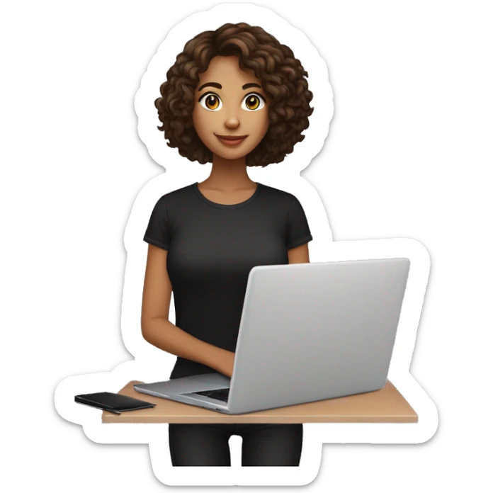 una chica de 24 años, con cabello castaño oscuros, mediano y rizado, con ojos marrones claros,vestida de camiseta y pantalón color negro, con una laptop en sus manos sticker