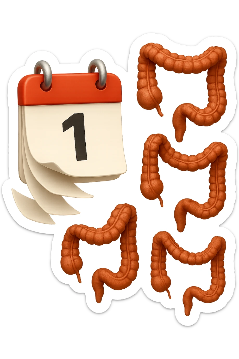 emoji stile iphone di un calendario con fogli che volano insieme a pezzi anatomici di colon umano, iperrealistico 4k, isolato su sfondo bianco sticker
