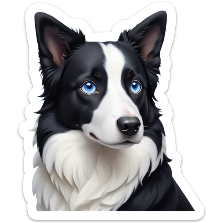 Cinematic Noble Black and White Border Collie Portrait Emoji, Poised and regal, with a lean, athletic build and a sleek, well-groomed black and white coat, piercing blue eyes, Simplified yet sharp and sophisticated features, highly detailed, glowing with a soft, dignified glow, high shine, intelligent and agile, stylized with an air of precision, focused and attentive, soft glowing outline, capturing the essence of a watchful and determined herder, so majestic it feels as though it could sprint out of the screen with effortless authority! sticker