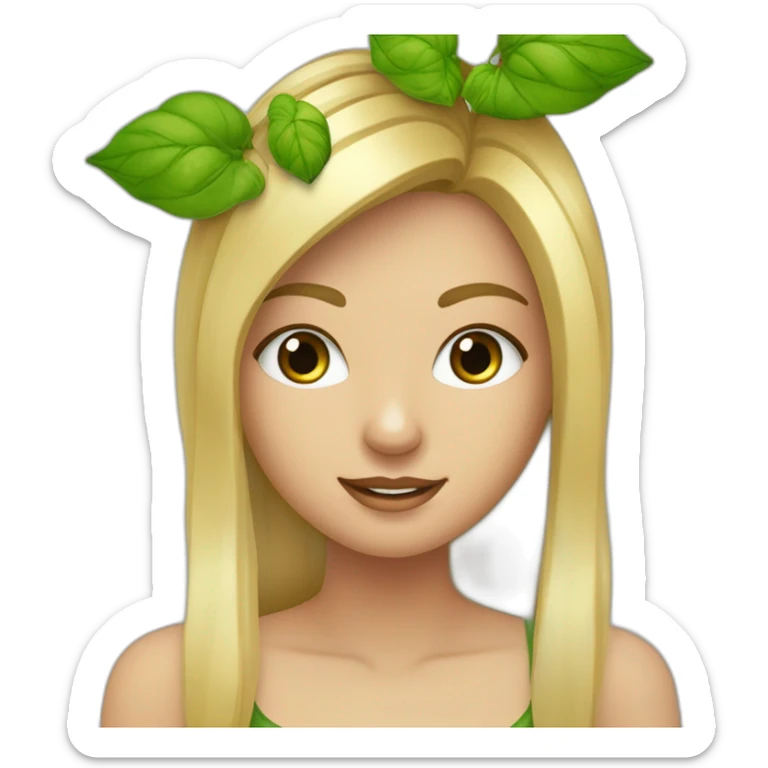 un chica cataña rubia de ojos verdes de piel blanca pasando una computadora cerca de plantas. sticker