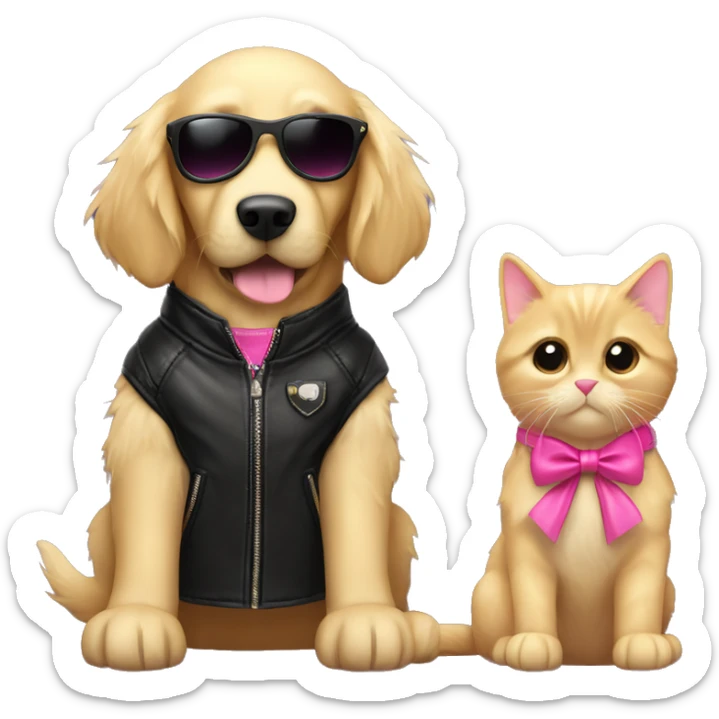 Small golden retriever wearing a pink bow next to a black cat in a leather jacket wearing sunglasses  sticker