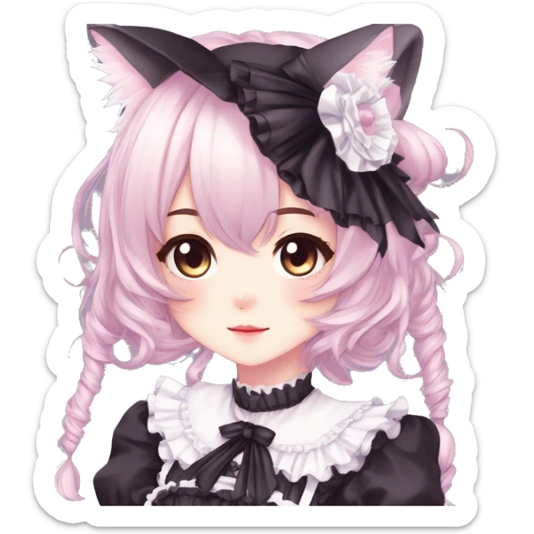 Gorgeous gothic Lolita anime style catgirl with blushing face with maid outfit laces headdress idol model kawaiicore pastelcore cottagecore pearly petite simplistic aesthetic trending style sticker