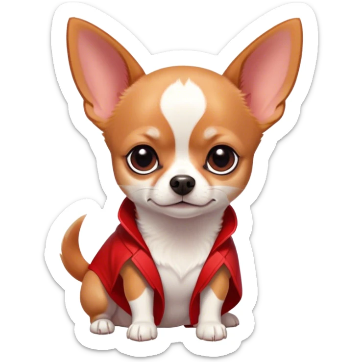 Cinematic Noble Red/White Short Haired Chihuahua Portrait Emoji, Poised and regal, with a compact, muscular build and a striking red and white coat, deep-set soulful dark eyes, Simplified yet sharp and sophisticated features, highly detailed, glowing with a soft, dignified glow, high shine, intelligent and loyal, stylized with an air of strength, focused and attentive, soft glowing outline, capturing the essence of a watchful and confident guardian, so majestic it feels as though it could step out of the screen with effortless authority! sticker