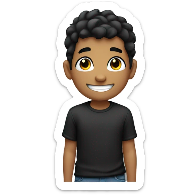 boy cartoon smiling with black hair, black and white t shirt, and black eyes sticker