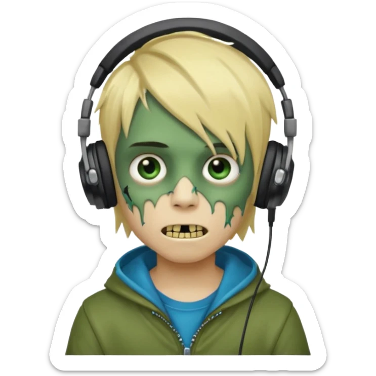 boy zombie whit blonde emo hair and eyes blue and GREEN SKIN and heandphones AND A MICROFONE AND GOLD TEETH  sticker