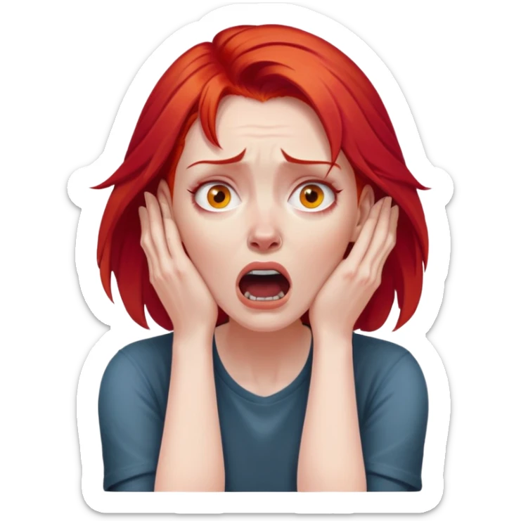 of a white woman with bright red hair, visibly distressed and clutching her neck with both hands, her face conveying a strong sense of panic and fear sticker