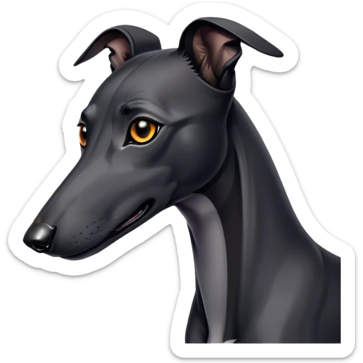 Cinematic Noble Black Greyhound Portrait Emoji, Poised and regal, with a lean, graceful build and a sleek, jet-black Fur, deep-set soulful dark eyes, Simplified yet sharp and sophisticated features, highly detailed, glowing with a soft, dignified glow, high shine, intelligent and swift, stylized with an air of elegance, focused and attentive, soft glowing outline, capturing the essence of a watchful and commanding racer, so majestic it feels as though it could sprint out of the screen with effortless authority! sticker
