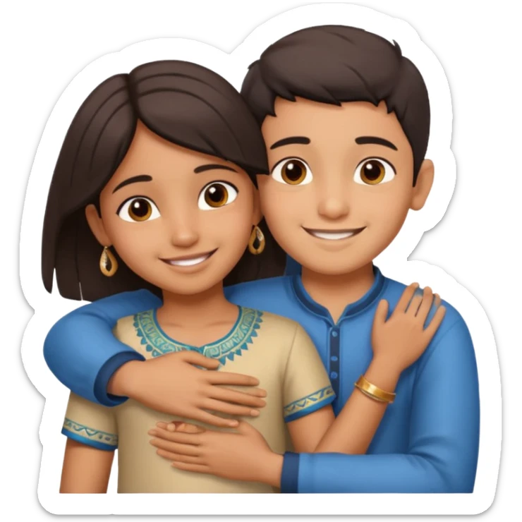 indian boy hugging indian girl from behind... boys hand down near navel of girl... boys head on the shoulder of girl sticker