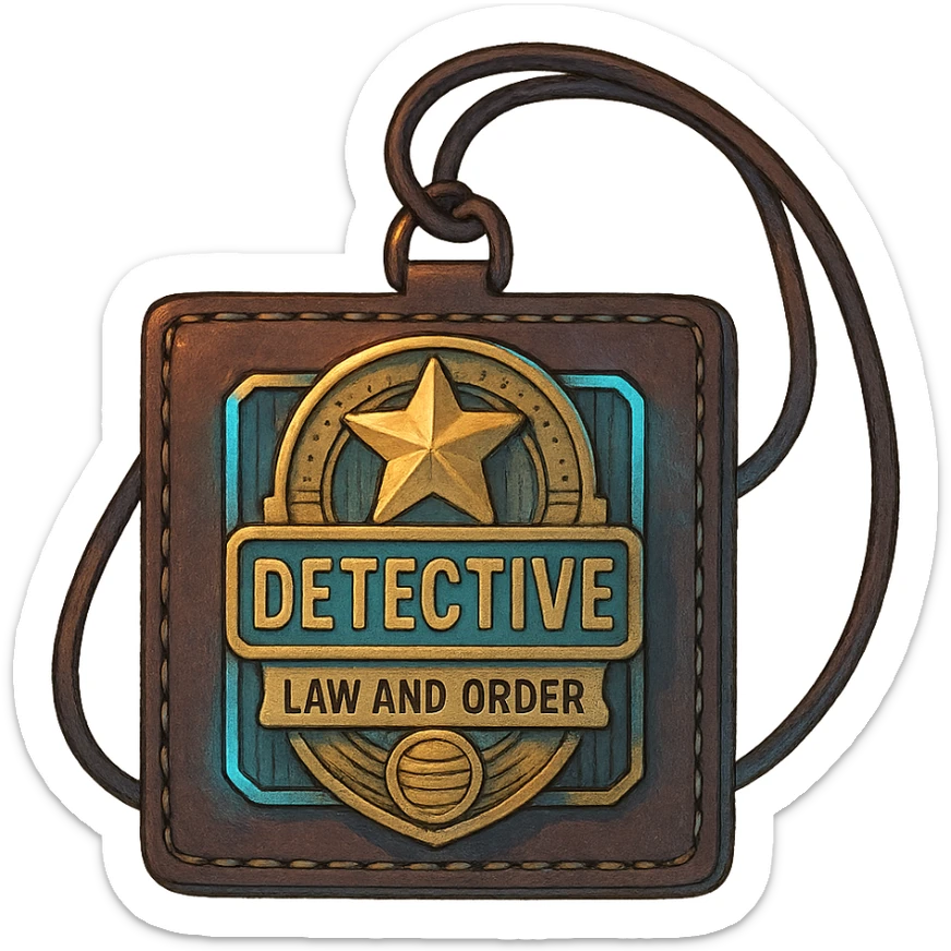 a detective badge, law and order. cyberpunk futuristic, square leather neck worn sticker