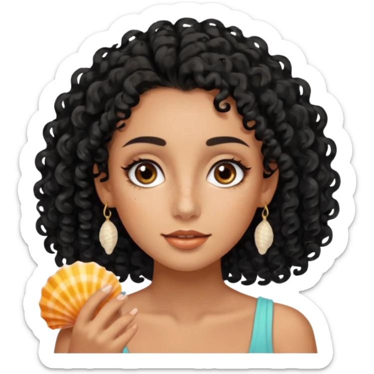 Tanned face with sea-salt longer black curls and a freckled nose, long full eyelashes, seashell hair clips sticker