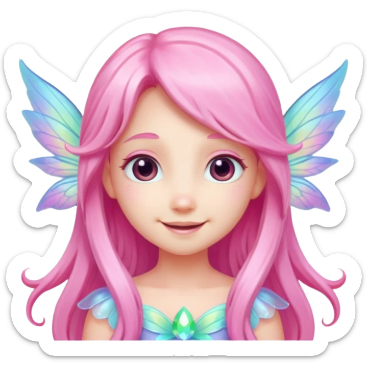 A tiny pastel fairy with pink long hair with glowing wings and a sweet smile  sticker