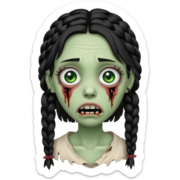 make a zombie with a droopy ruined mouth girl with black braids sticker