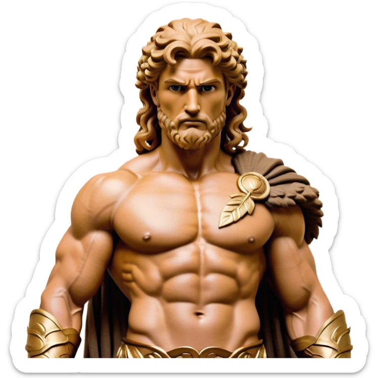 Cinematic Realistic Barbarian Hercules Portrait, depicted as a fierce Greek hero with the chiseled features of Michelangelo's David. His light tan, sculpted skin glows with timeless strength, and his thick, curly, golden brown hair cascades in wild, untamed curls reminiscent of a warrior’s mane. Instead of a flowing white robe with golden accents and a laurel wreath, he wears rugged, weathered leather and fur garments—a tattered, fur-trimmed cloak draped over broad shoulders and a simple circlet forged from iron and bone. His intense, determined eyes exude savage nobility, all rendered under dynamic natural lighting with a mythic, raw, radiant glow. sticker