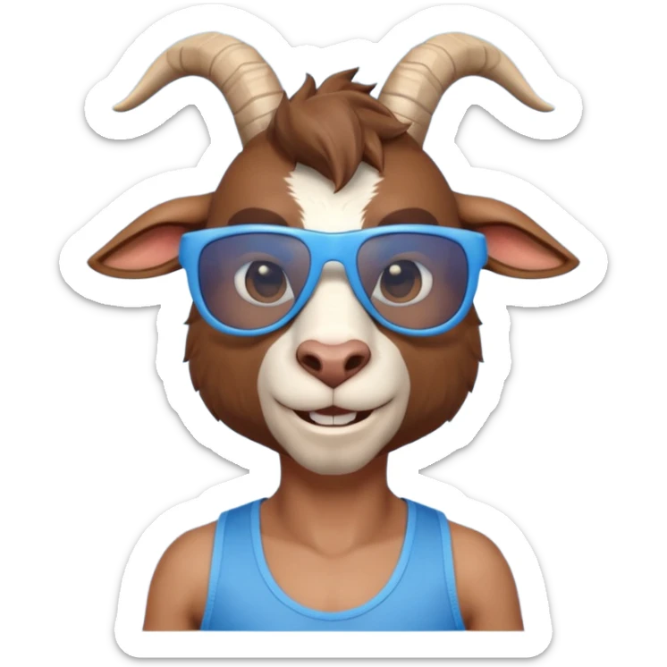 3D cartoon goat man portrait, head and shoulders, brown fur, small horns, blue reflective sunglasses, slight smile, tank top, soft lighting, centered, clean background, no text, no watermark
 sticker