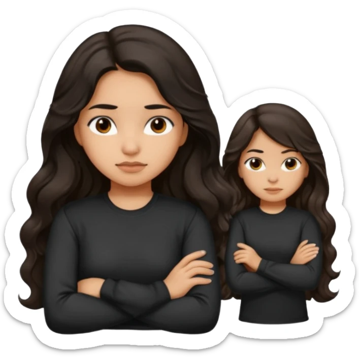 Hispanic girl dark long wavy hair crossing her arms with slight pout wearing a black long sleeve shirt sticker