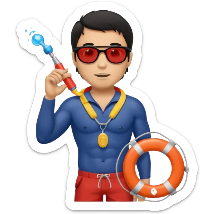 Dark Tan Muscular lifeguard without shirt with messy black hair with sunglasses, with whistle with life preserver sticker