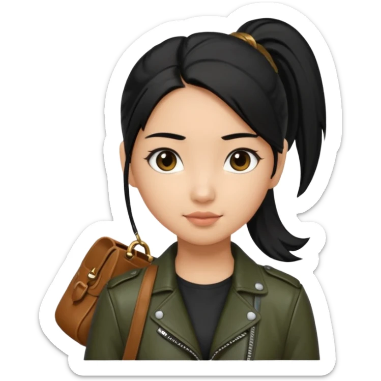 A girl with a pony tail black hair and olive ish skin, Asian eyes, with a black jacket and a brown purse  sticker