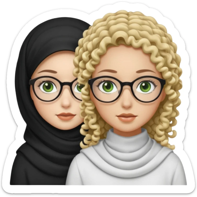 White hijabi girl with black eyes and black long hair white girl and black eyes wearing glasses and a white skin girl with curly honey hair and green eyes sticker