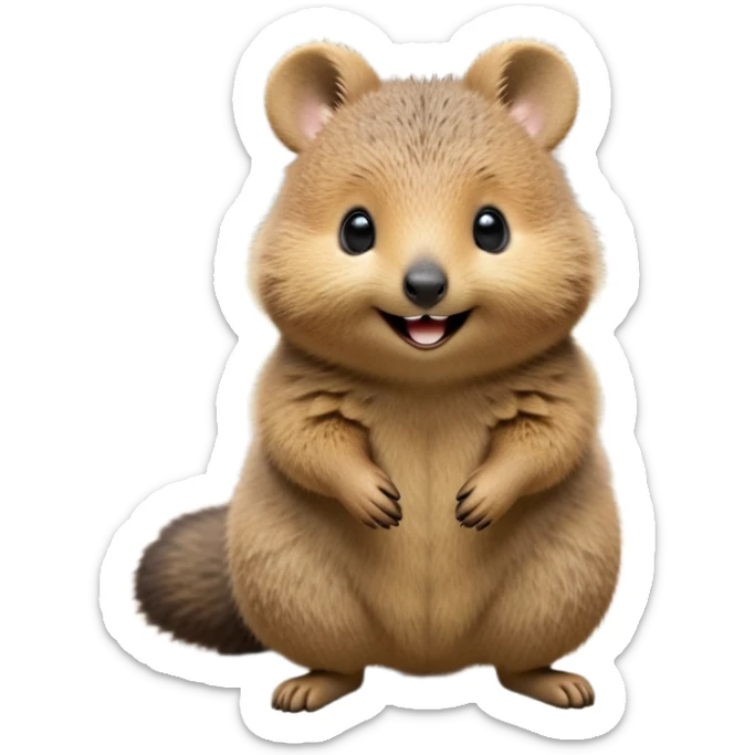 cinematic-quokka-realistic-full-body-standing on its hind legs hunched over-emoji,-small-round-frame-balanced-on-tiny-strong-hind-legs,giant fluffy cheeks large smile-fluffy-brown-fur-radiating-a-warm-softness skinny tail, ,-big-round-eyes-filled-with-joy-and-innocence,-tiny-clawed-paws-held-close-to-chest,-cheerful-smile-exuding-endearing-happiness,-simplified-yet-realistic-focused-features,-highly-detailed,-glowing-with-a-sunny-warmth, expressive eyes  sticker