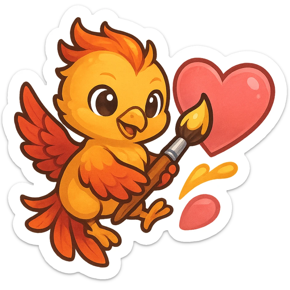 A phoenix holding a brush, painting inside a heart emoji, detailed and vibrant colors, cute and positive composition sticker