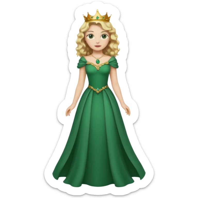 Queen, crown, blonde wavy hair, green eyes, long green narrpw dress, whole Body, sticker
