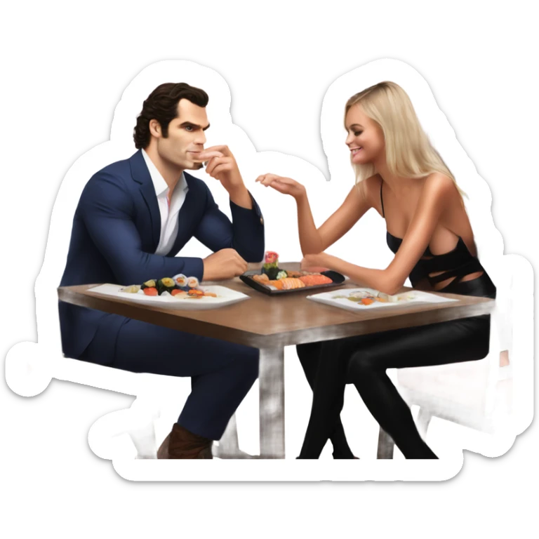 realistic photo of Henry Cavill with a beautiful  victoria secret model on a sushi date sticker