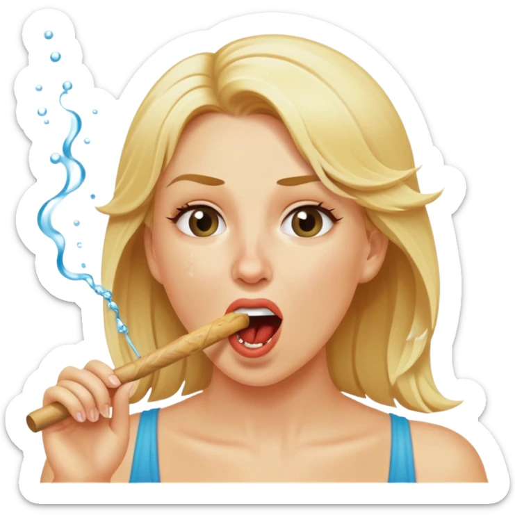 blond woman biting a wide skin-tone stick with a bite mark, water jet shooting from the stick into her mouth, surprised look sticker