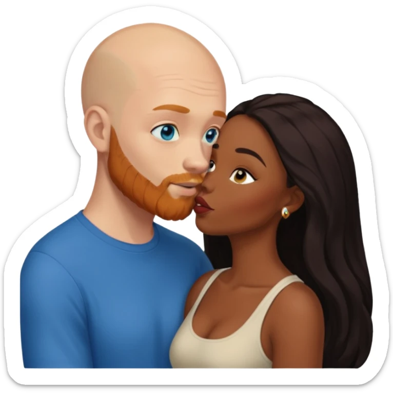 Bald white male with ginger beard and blue eyes kissing African American dark brown woman with long black hair sticker