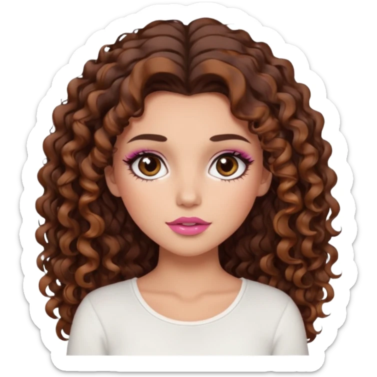 white girl with long voluminous dark brown curly hair with caramel highlights wearing a white top. Blush on the cheeks and big eyelashes and a brown-pink lip combo  sticker