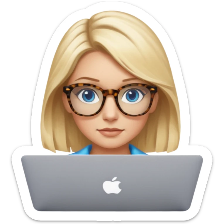  blonde hair woman blue eyes with tortoise shell print glasses on mac book  sticker
