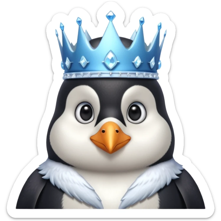 penguin king portrait, head and shoulders only, icy crystal crown, royal fur collar, cute serious expression, winter fantasy vibe, 3D cartoon, mobile game icon style, clean background, no text, no watermark
 sticker