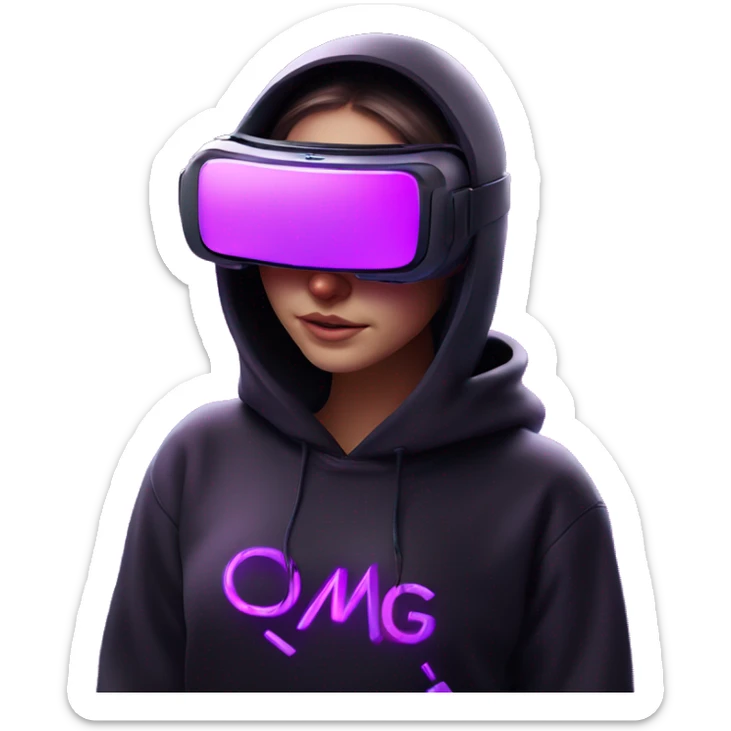 Russian girl wearing black hoody with violet letters "OMG", in vr headset oculus quest2. No eyes on headset. Cyberpunk style. Violet neon. sticker
