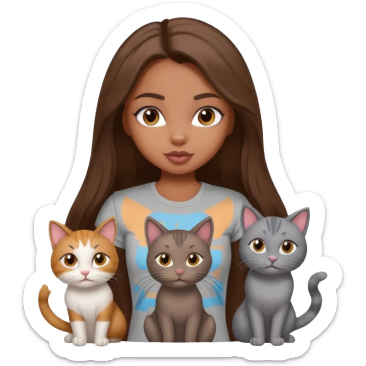 a pretty bratz dusky girl with long brown hair with four cats nd wearing a grey tshirt sticker