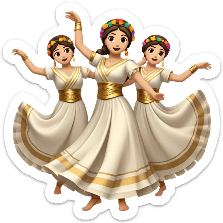 Cinematic Realistic Sirtaki Dance Emoji, depicted as a vibrant traditional Greek dance scene with flowing movements and expressive costumes, rendered with dynamic textures and warm festive lighting that captures its cultural exuberance. sticker