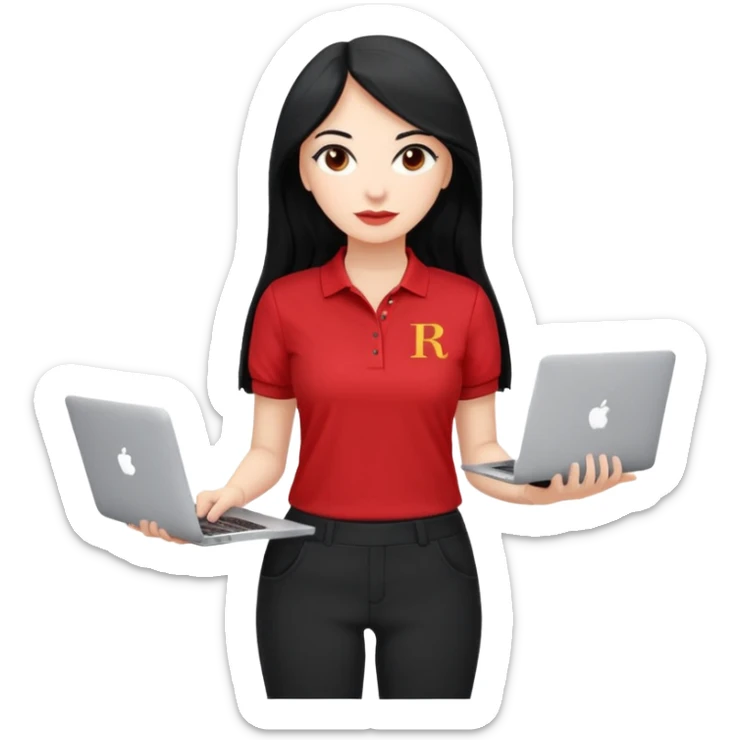 Gere um emoj estilo IOS de uma garota branca, de longos cabelos pretos vestida com um uniforme composto por uma camiseta estilo gola polo vermelha com um detalhe escrito em branco a palavra "RODA" e uma calca preta. Ela deve segurar em uma das maos um mackbook e na outra uma caneta sticker